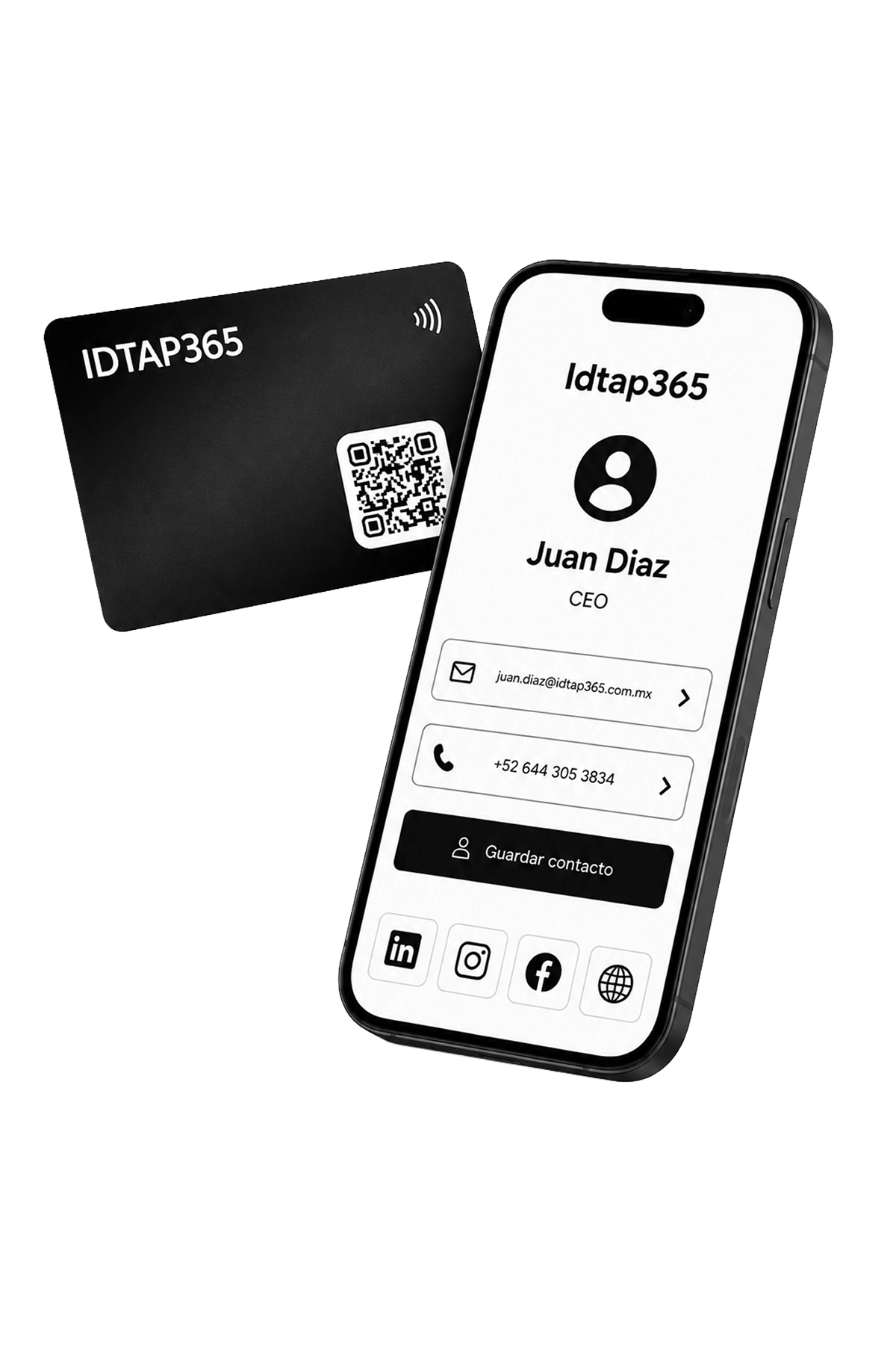 Tarjeta NFC profesional IDTAP365 con perfil digital de contacto en teléfono móvil
