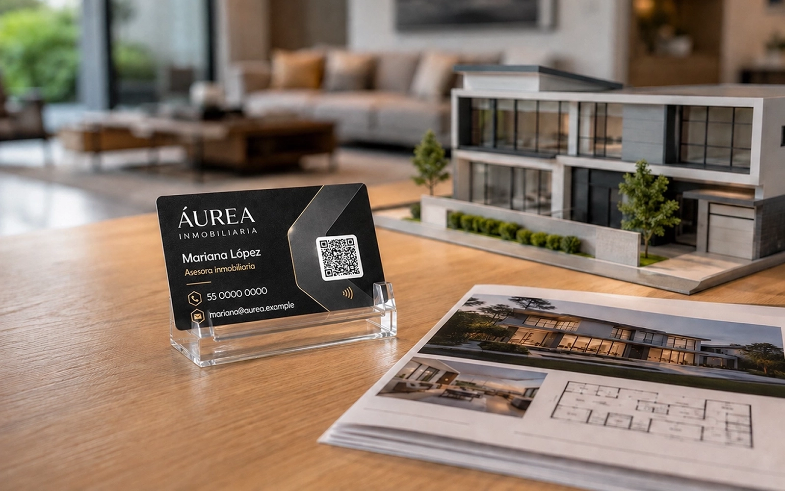 Tarjeta NFC IDTAP365 sobre el mostrador de una casa abierta junto a una maqueta de propiedad