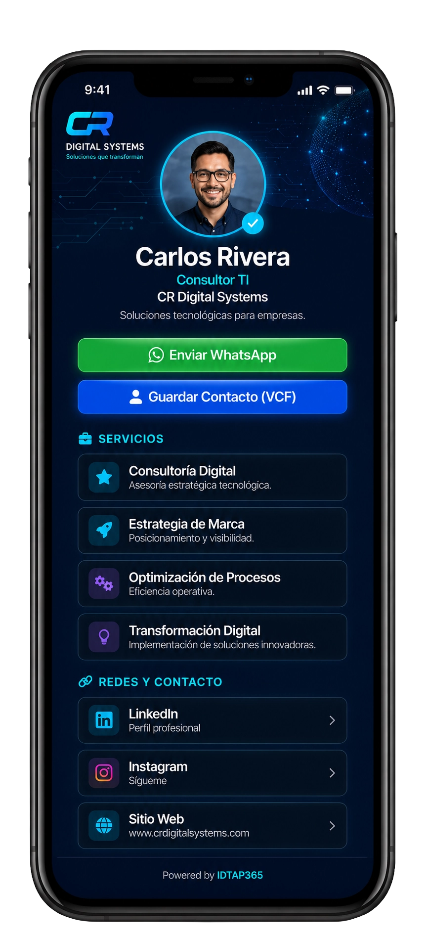 Vista previa del diseño Ejecutivo Tech con perfil oscuro y acentos tecnológicos