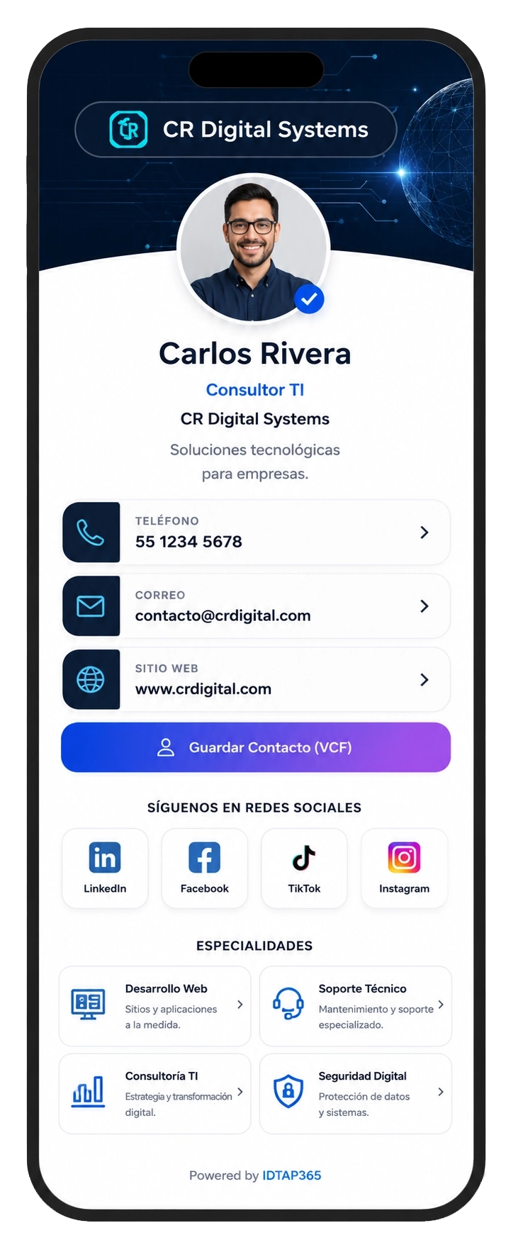 Vista previa del template START Corporativo Tech de IDTAP365 con banner, logo, foto profesional, datos de contacto, redes sociales y especialidades.